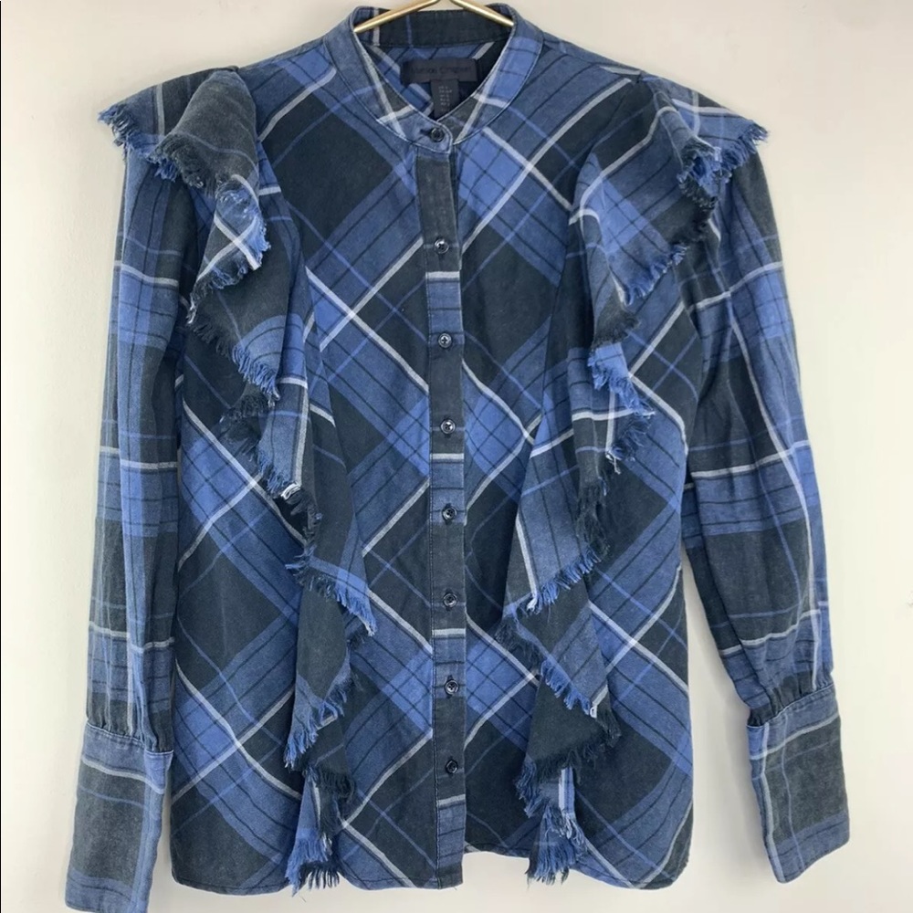 Maison Cinqcent blue plaid ruffle top, Small